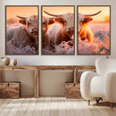 Highland Cows at Sunrise Wall Art Canvas Set – Serene and