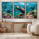 Sea Turtle and Coral Reef Triptych Wall Art – Vibrant