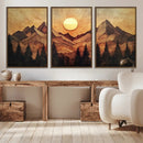 Wood Style Abstract Mountain Sunset Canvas Wall Art Print -