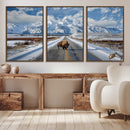 Bison Wall Art - Snowy Road Wall Art – Framed Mountain by MyGreatCanvas | Canvas Wall Art Prints | Photo Prints & Wall Decor