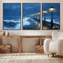 Stormy Ocean Pier Lights Canvas Wall Art Print - Large Moody