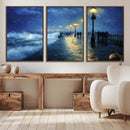 Storm Ocean Pier Canvas Wall Art Print - Large Moody Night