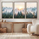 Misty Pine Forest Wall Art Canvas, Sunrise Over Foggy Trees