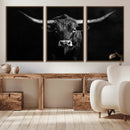 Texas Longhorn Wall Art Canvas Print – Framed Monochrome