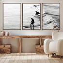 Surfers on Waves Wall Art Canvas Print – Framed Black and