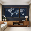 Blue Detailed World Map Wall Art Canvas Print, Modern Framed