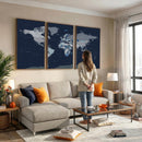 Blue Detailed World Map Wall Art Canvas Print, Modern Framed