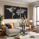 Black World Map Wall Art Canvas Print – Detailed Map of the