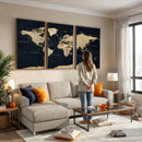 Dark World Map Canvas Wall Art Print, Minimal Black and Gold