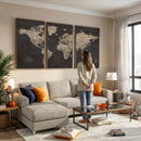 World Map Canvas Wall Art Dark Charcoal Antique Tan Detailed