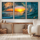 Ocean Wave Sunset Wall Art | Large Coastal Wave Canvas Print