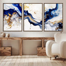 Golden Cascades on Midnight Blue – Deep Blue Abstract Wall