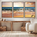 Sunset Beach Wall Art - 3-Panel Framed Canvas Print, Ready