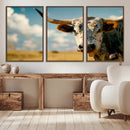 Longhorn in the Prairie - Stunning Ranch-Style Triptych Wall