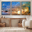 Ocean Wave at Sunset Canvas Wall Art – Vibrant Coastal Beach