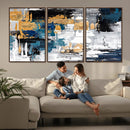 Blue and Gold Abstract Canvas Wall Art – Triptych Modern