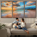 Sunset Ocean Waves on Tropical Beach, 3-Panel Giclee Canvas