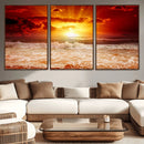 Red Sunset Ocean Beach Canvas Wall Art Beach Canvas, Coastal