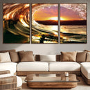 Golden Wave Sunset Triptych Canvas Art, Giclee Canvas Print
