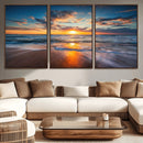 Sunset on the Ocean Beach with Waves, Reflections on Sand,