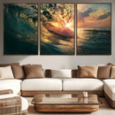 Ocean Wave Sunset Canvas Wall Art – Triptych Seascape Print