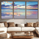 Tranquil Pastel Sunset Beach Triptych Canvas Art, Soothing