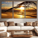 Golden Tropical Beach Sunset Canvas Triptych, Coastal Palm