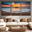 Sunset Beach Canvas Wall Art – Colorful Ocean Waves Triptych