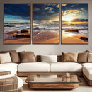 Golden Hour Beach Sunset Canvas Triptych, Ocean Waves and