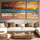 Golden Sunset Beach Canvas Wall Art – Triptych Seascape