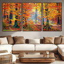Autumn Red Forest Triptych Canvas Wall Art Print, Forest