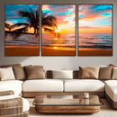 Palm Tree Sunset On The Beach Wall Art Canvas, Framed Palm