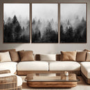 Foggy Black and White Forest Canvas Wall Art, 3 Panel Misty