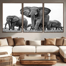 Black White Elephant Family Wall Art Canvas Print
