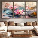 Lotus Flower Wall Art | 3-Panel Giclee Canvas Print of Pink