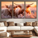 Highland Cows at Sunrise Wall Art Canvas Set – Serene and