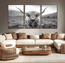 Black White Scottish Highland Cow Canvas Farm Wall Art