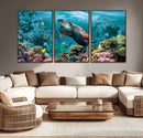 Sea Turtle and Coral Reef Triptych Wall Art – Vibrant