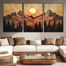Wood Style Abstract Mountain Sunset Canvas Wall Art Print -