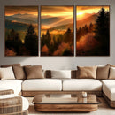 Golden Sunset Over Mountain Forest Canvas Wall Art Print -