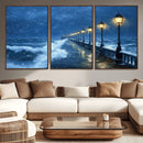 Stormy Ocean Pier Lights Canvas Wall Art Print - Large Moody