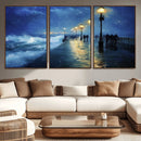 Storm Ocean Pier Canvas Wall Art Print - Large Moody Night