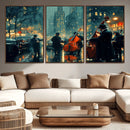 Urban Night Jazz Wall Art Canvas Print – Moody Rain-Soaked