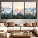 Misty Pine Forest Wall Art Canvas, Sunrise Over Foggy Trees