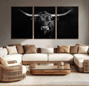Texas Longhorn Wall Art Canvas Print – Framed Monochrome