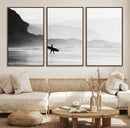 Surfer Beach Wall Art – Framed Black White Ocean Canvas