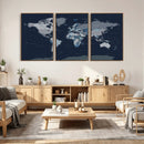 Blue Detailed World Map Wall Art Canvas Print, Modern Framed