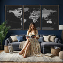 Black World Map Wall Art Canvas Print – Detailed Map of the