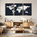 Black World Map Wall Art Canvas Print for Home Office and