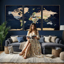 Minimalist World Map Canvas Wall Art - Watercolor Blue and